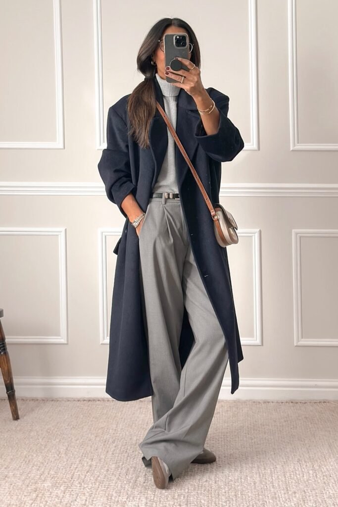 Grey Turtleneck Sweater + Grey Wide-Leg Trousers + Navy Long Coat + Brown Crossbody Bag