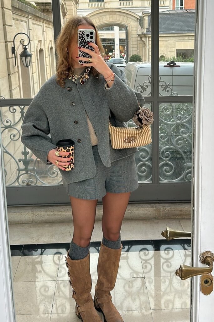 Grey Tweed Jacket + Matching Shorts + Brown Knee-High Boots