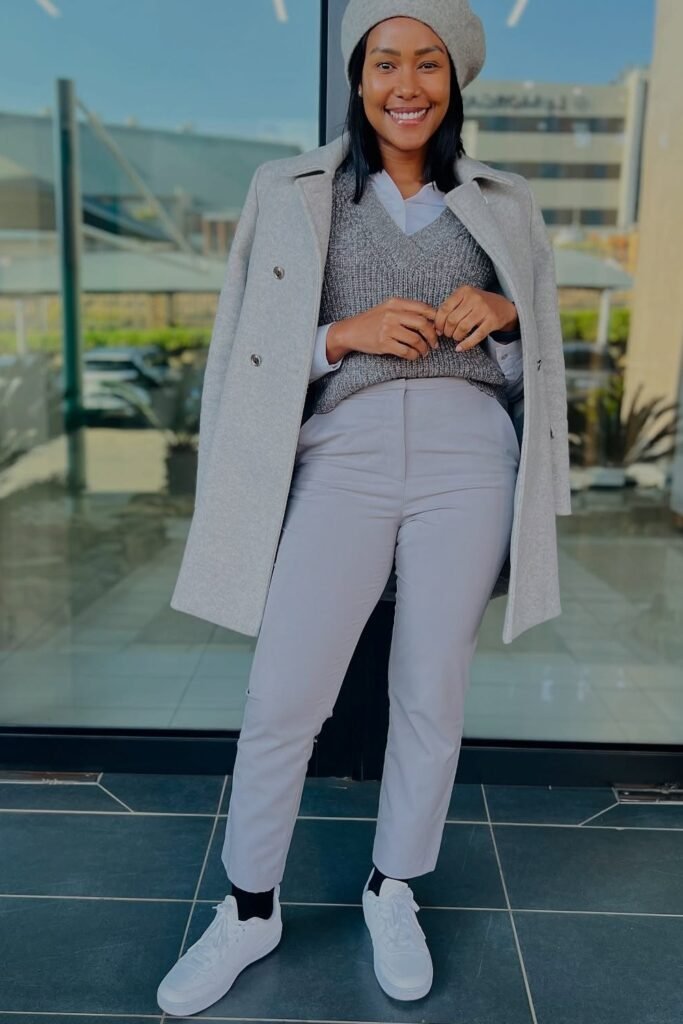 Grey Wool Coat + Grey Knit Vest + White Shirt + Grey Trousers + White Sneakers + Grey Beret