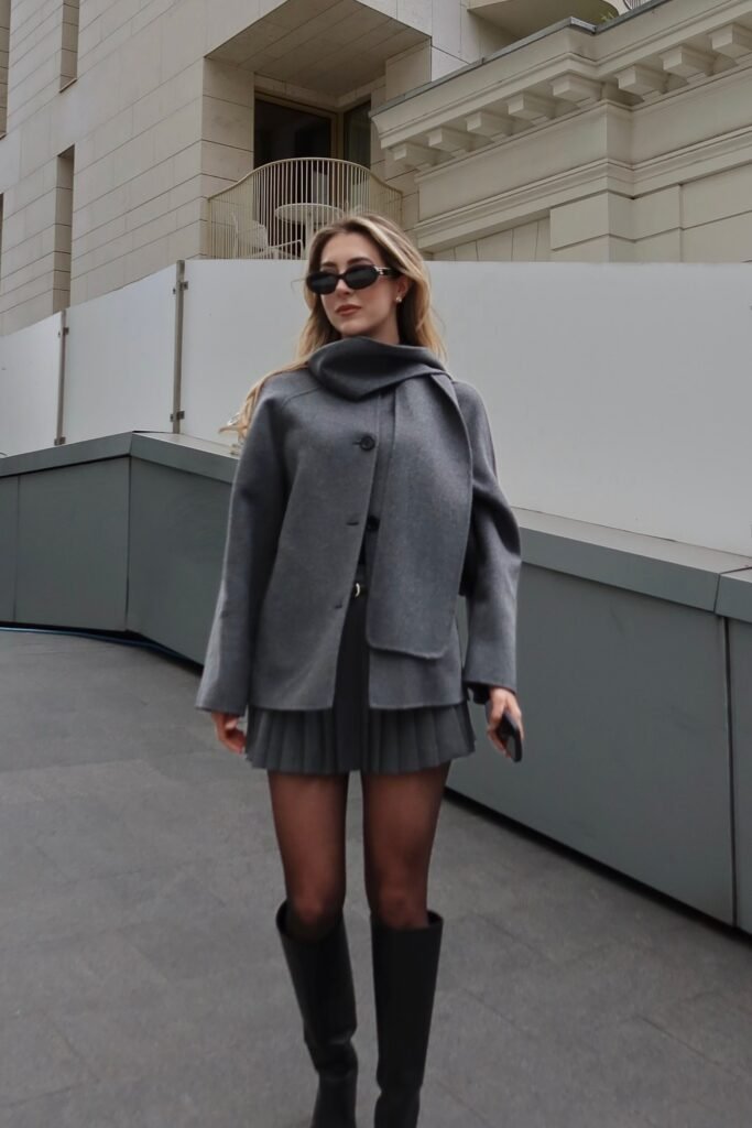 Grey Wool Jacket with Scarf + Pleated Grey Mini Skirt + Black Knee-High Boots