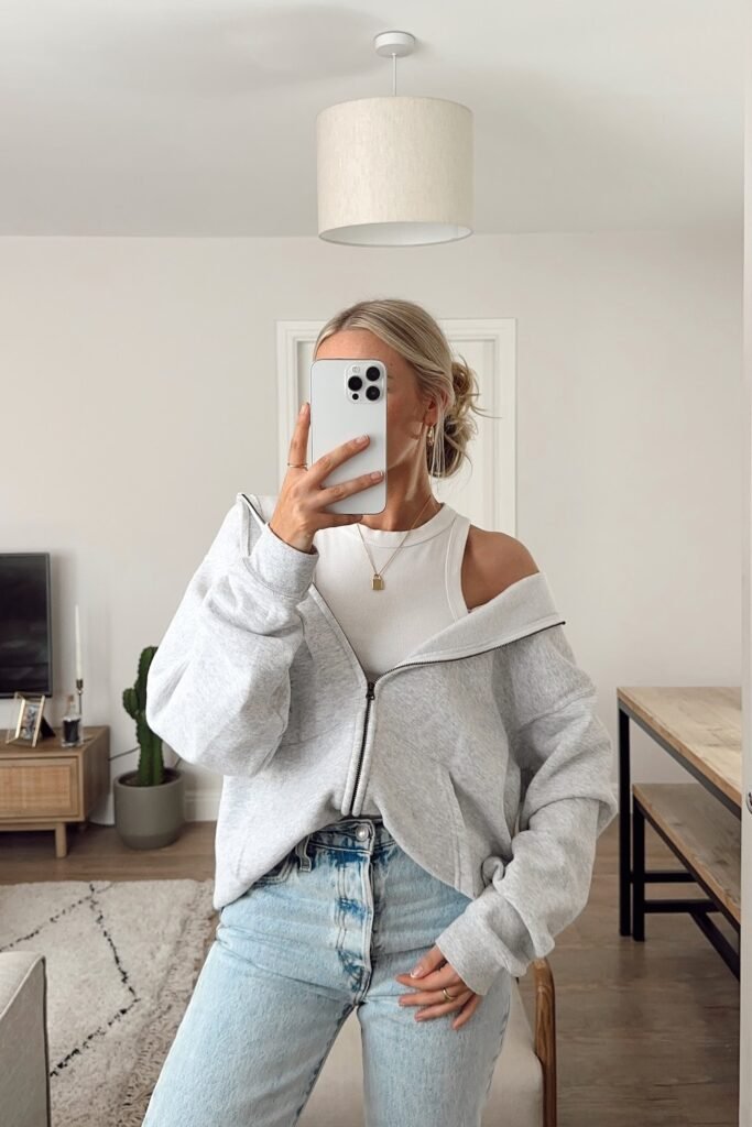 Grey Zip-Up Hoodie + White Racerback Tank Top + Light Wash Straight-leg Jeans