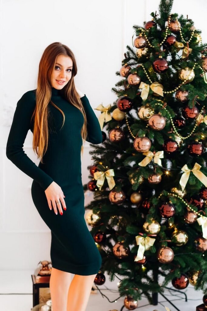 High-Neck Dark Green Ribbed Dress