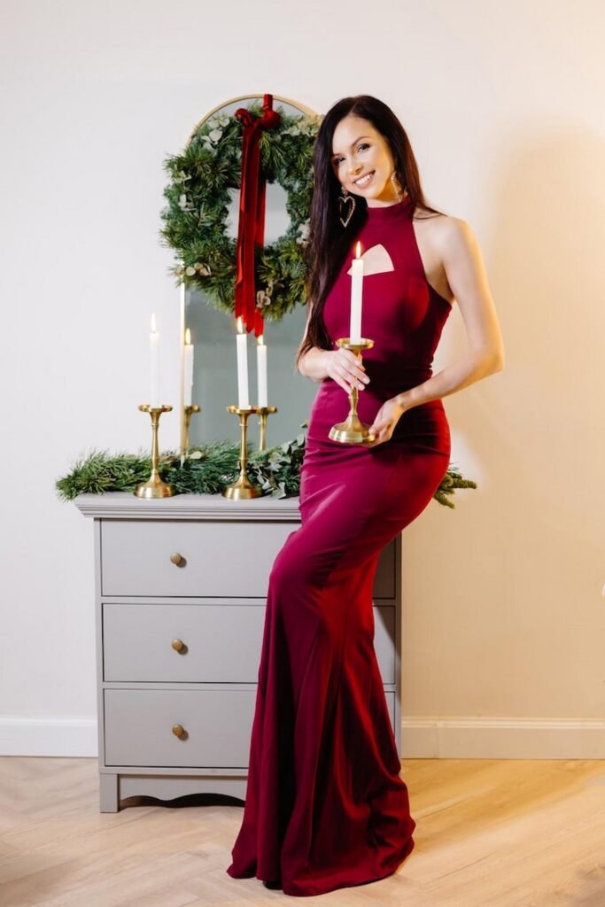 High-Neck Mermaid Gown, Candlesticks, and Wreath