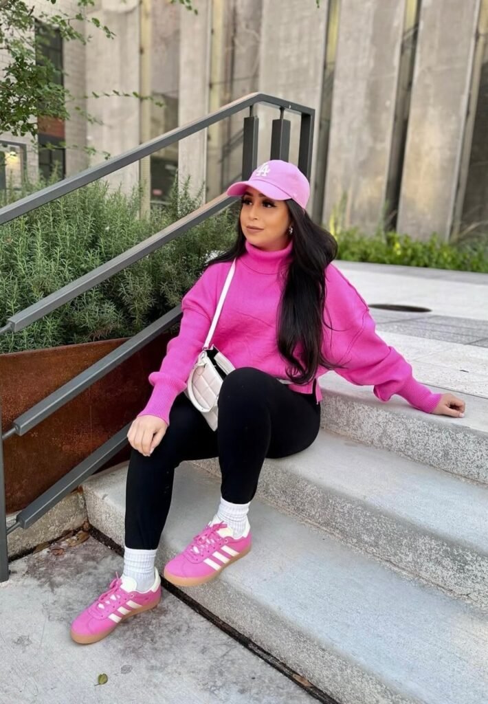 Hot Pink Turtleneck Sweater + Black Leggings + Pink Sneakers + Pink Cap + White Crossbody Bag
