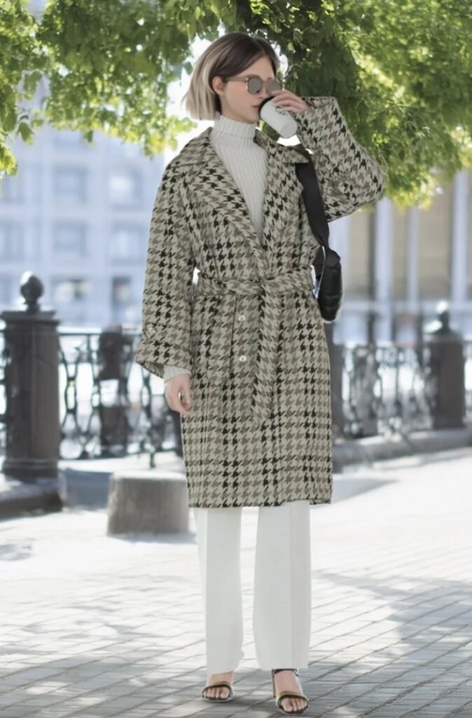 Houndstooth Overcoat + Cream Turtleneck Sweater + White Wide-Leg Trousers + Black Slide Sandals