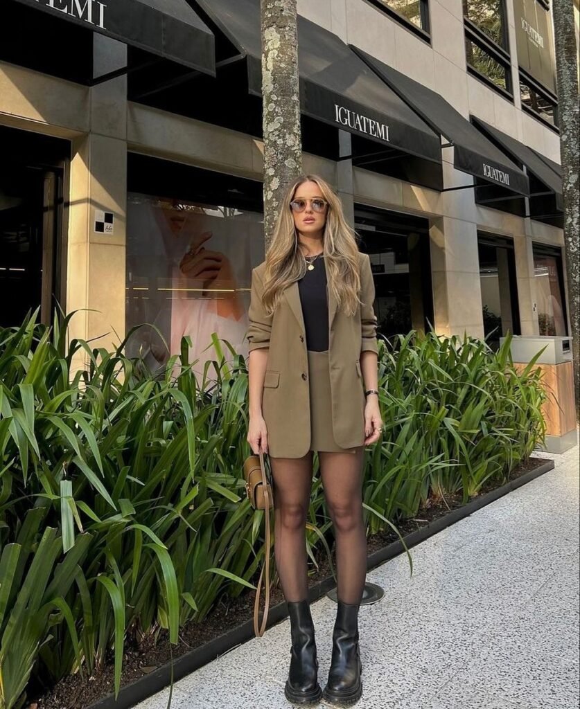 Khaki Blazer and Shorts Suit + Black Top + Sheer Black Tights + Black Chunky Ankle Boots