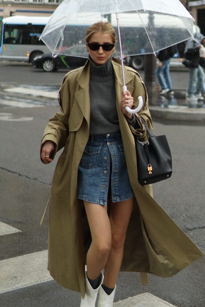 Khaki Trench Coat + Grey Turtleneck + Denim Mini Skirt + White Western Boots