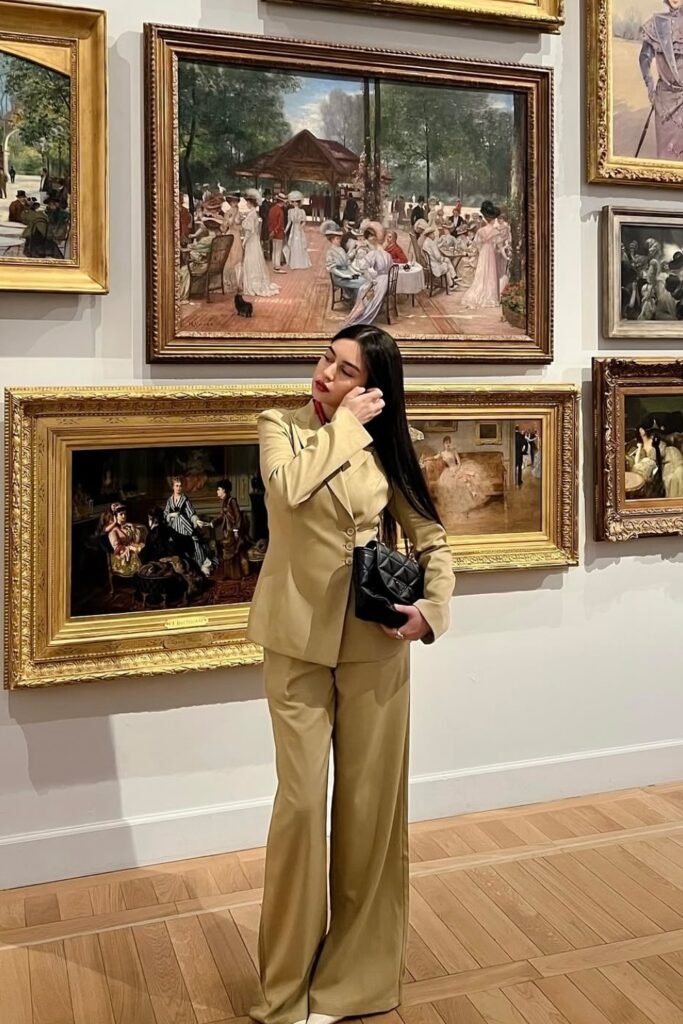 Khaki/Tan Wide-Leg Suit + Black Quilted Crossbody Bag