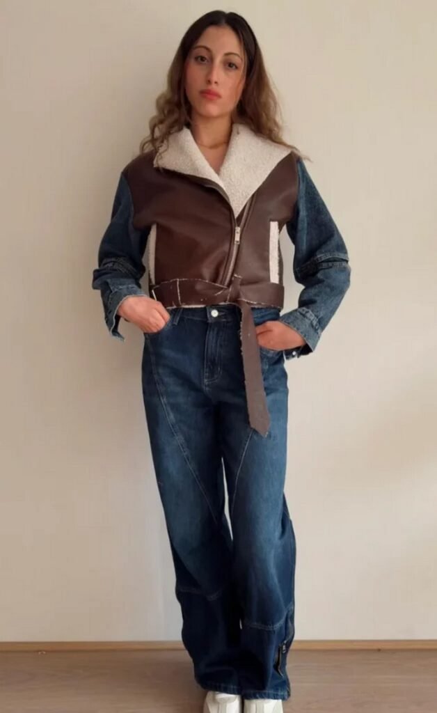 Leather and Shearling Contrast Denim Jacket + Dark Wash Wide Leg Jeans + White Sneakers