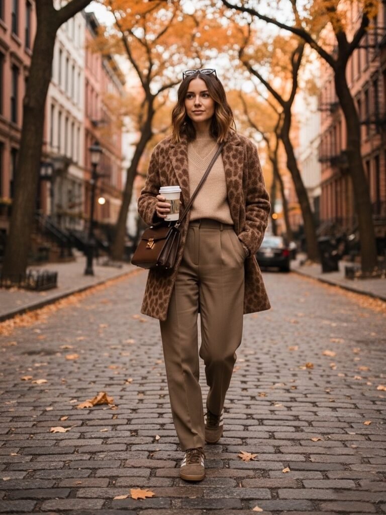 Leopard Print Coat + Beige Turtleneck Sweater + Tan Wide-Leg Trousers + Brown Sneakers