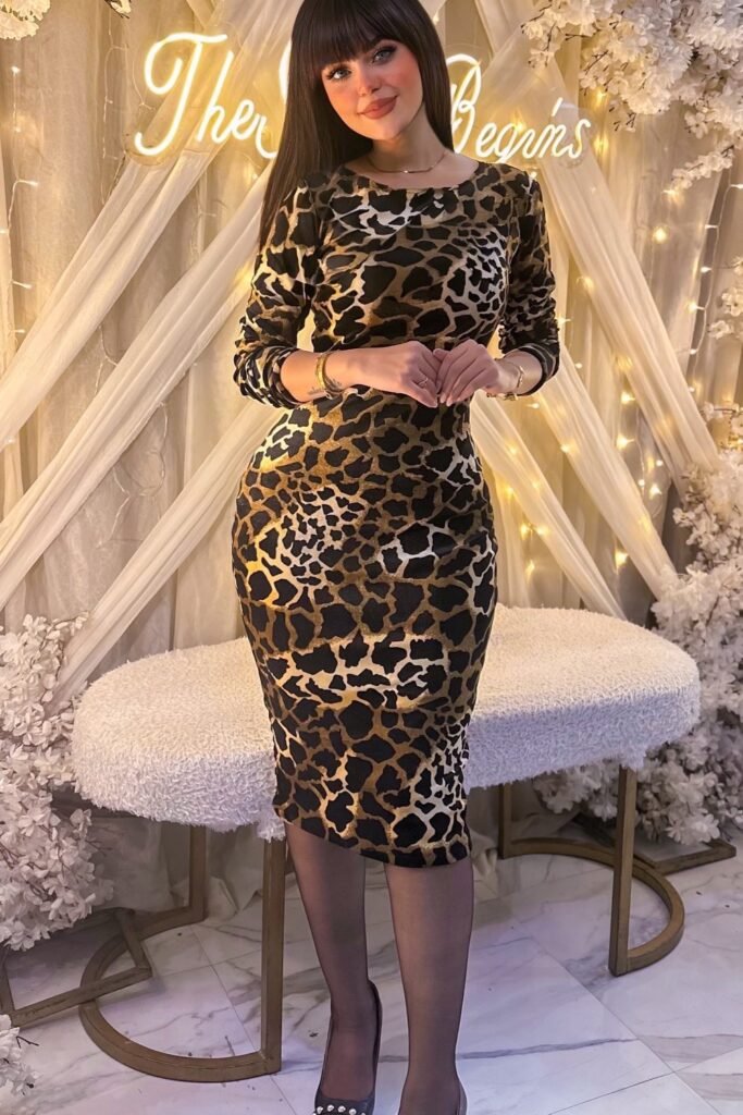 Leopard Print Knee-Length Dress + Black Tights + Black Heels