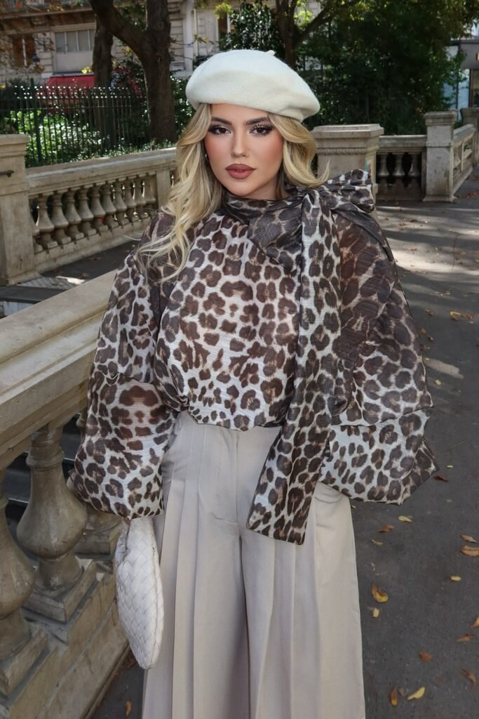 Leopard Print Pussy-Bow Blouse with Balloon Sleeves + Beige Wide-Leg Trousers + Cream Beret