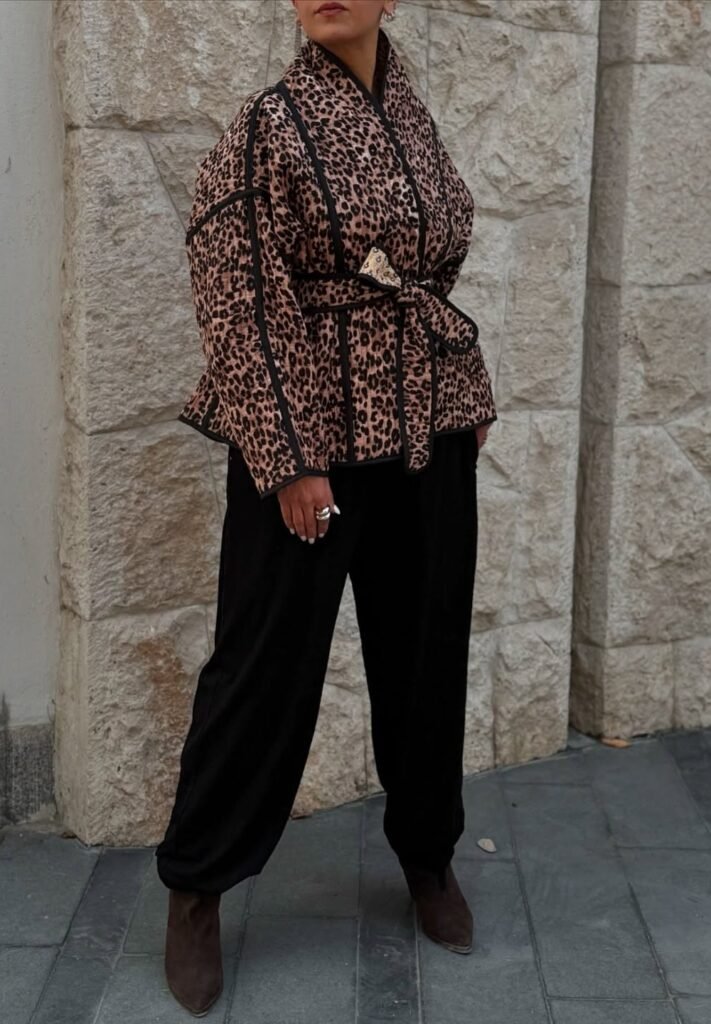 Leopard Print Quilted/Puffer Jacket (Belted) + Black Wide-Leg Trousers + Dark Brown Ankle Boots