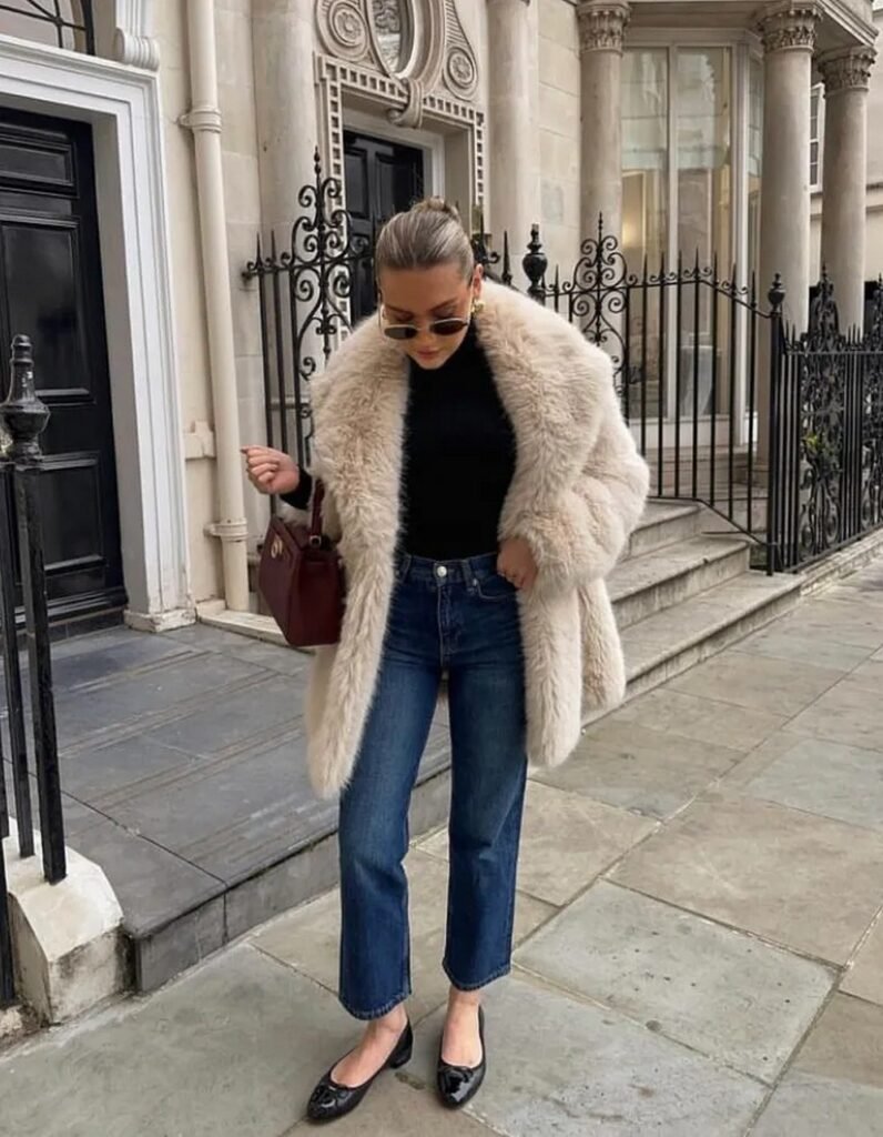 Light Beige Fur Coat + Black Turtleneck + Medium Wash Straight Leg Jeans + Black Patent Leather Ballet Flats + Burgundy Top Handle Bag
