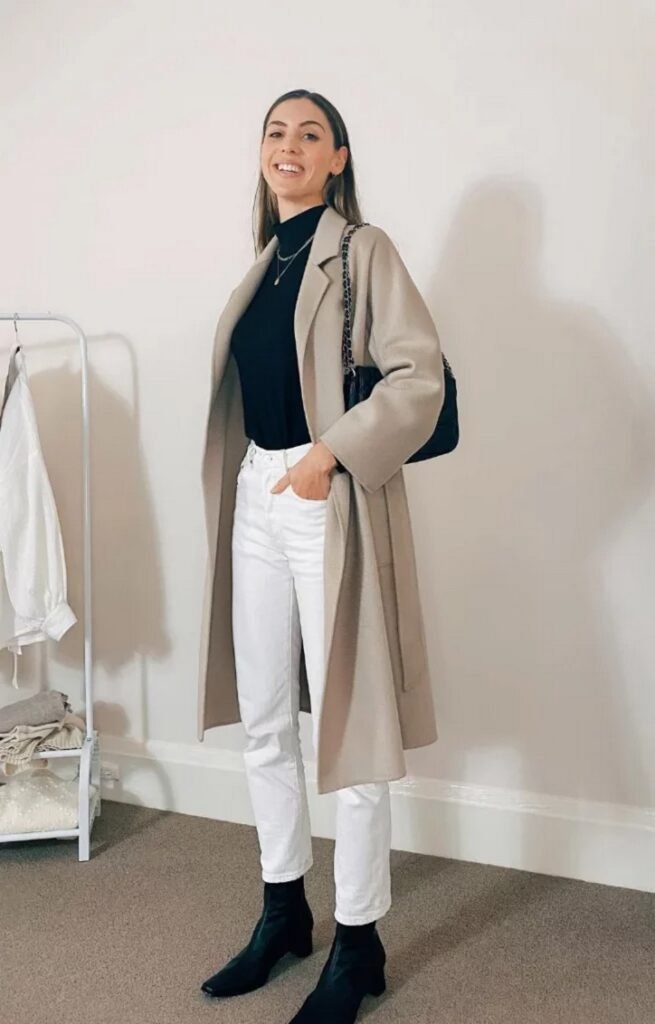 Light Beige Wool Coat + Black Turtleneck + White Straight-Leg Jeans + Black Ankle Boots