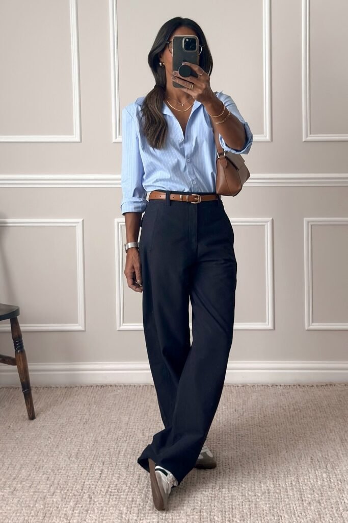 Light Blue Button-Up Shirt + Navy Wide-Leg Pants + Brown Belt + Brown Shoulder Bag + White Sneakers