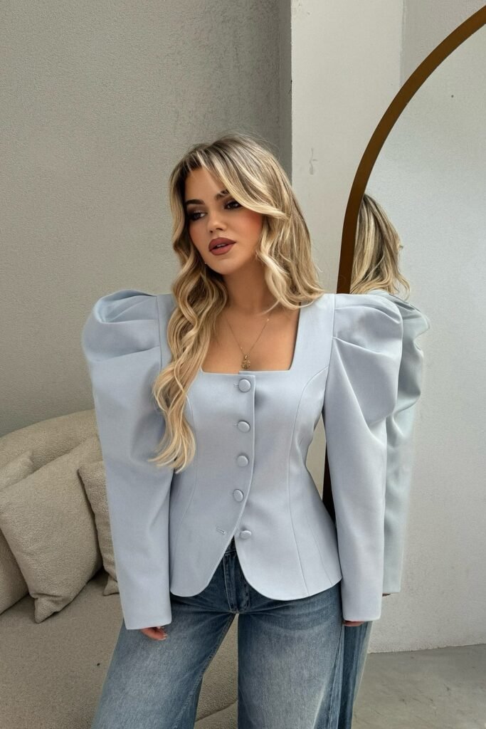 Light Blue Square-Neck Top with Puff Sleeves + Blue Jeans