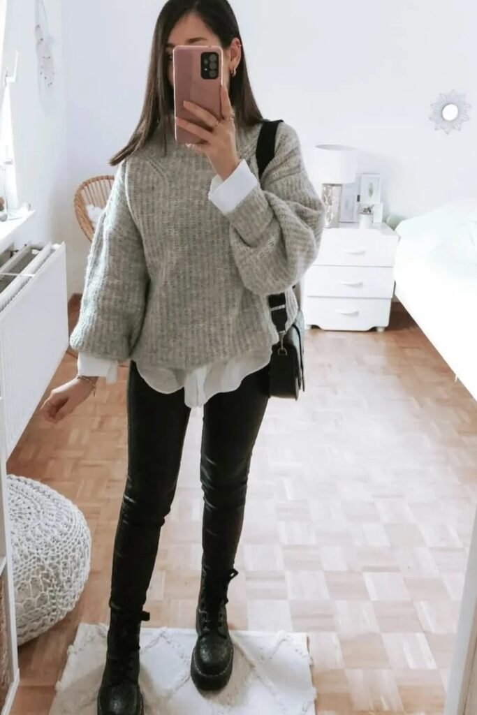 Light Gray Chunky Knit Sweater + White Button-Up Shirt (Layered) + Black Faux Leather Pants + Black Combat Boots