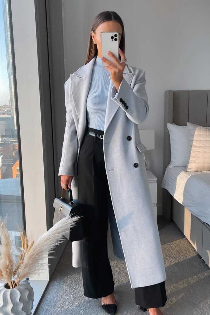 Light Gray Long Coat + Light Blue Ribbed Turtleneck + Black Wide-Leg Trousers