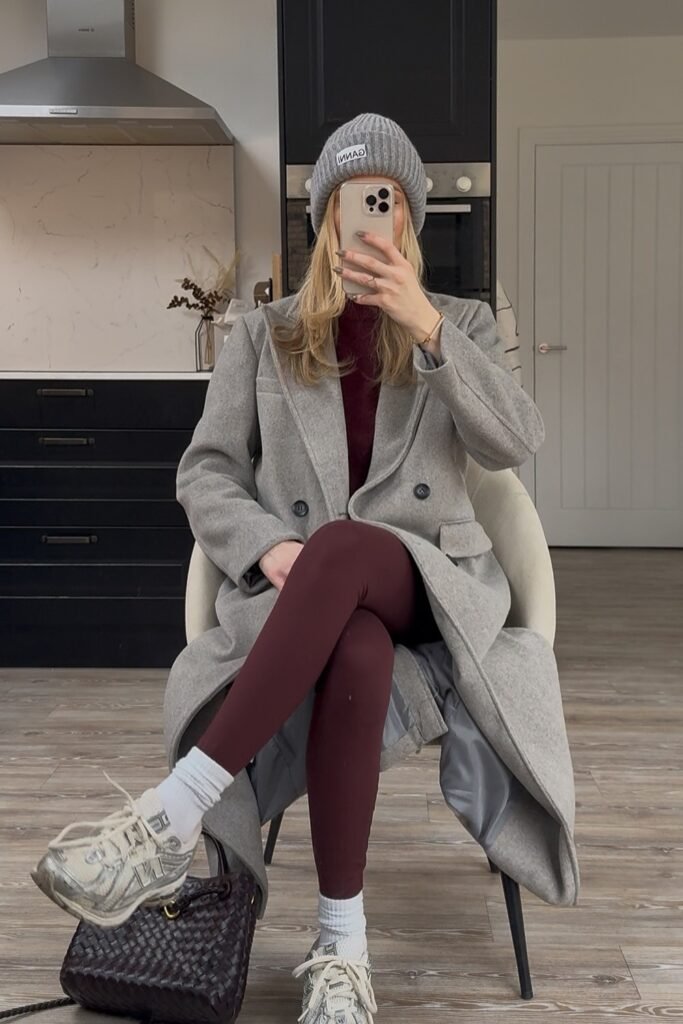 Light Grey Coat + Burgundy Top + Burgundy Leggings + Grey Beanie + Silver/White Sneakers