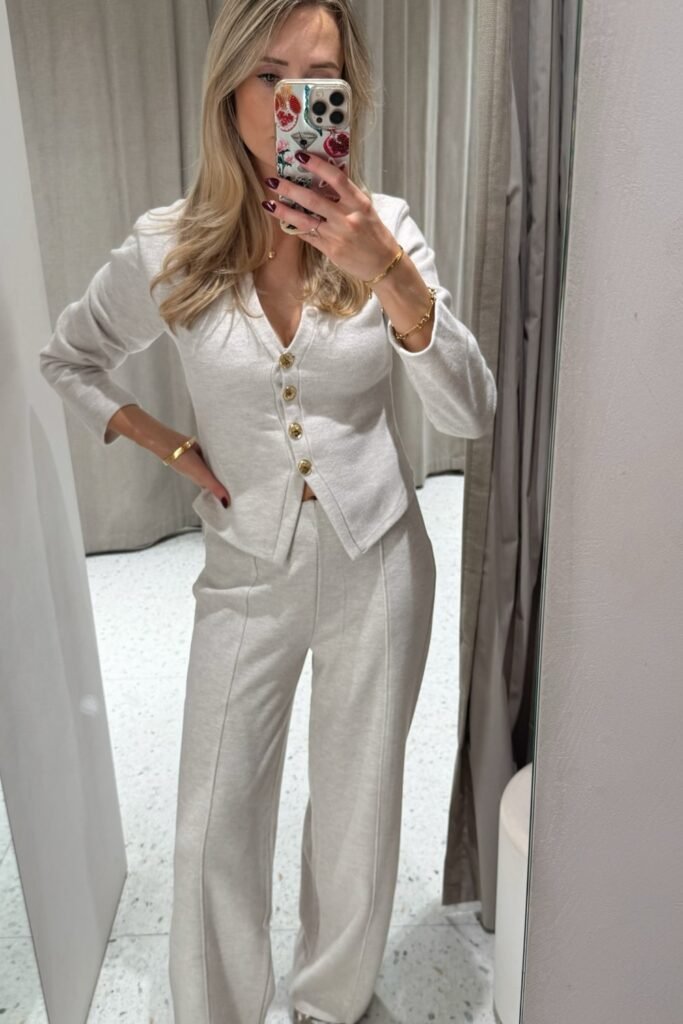 Light Grey Knit Cardigan + Matching Light Grey Wide-Leg Trousers