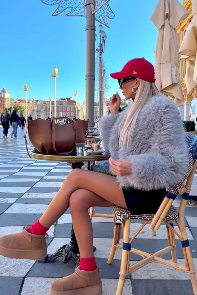 Light Grey Shaggy Faux Fur Coat + Black Mini Dress + Tan Platform UGGs + Red Baseball Cap