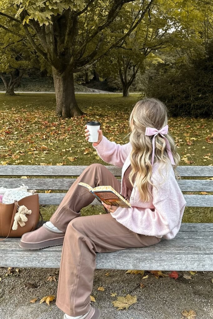 Light Pink Fuzzy Cardigan + Brown Wide-Leg Trousers + Tan Platform Suede Mules + Pink Hair Bow