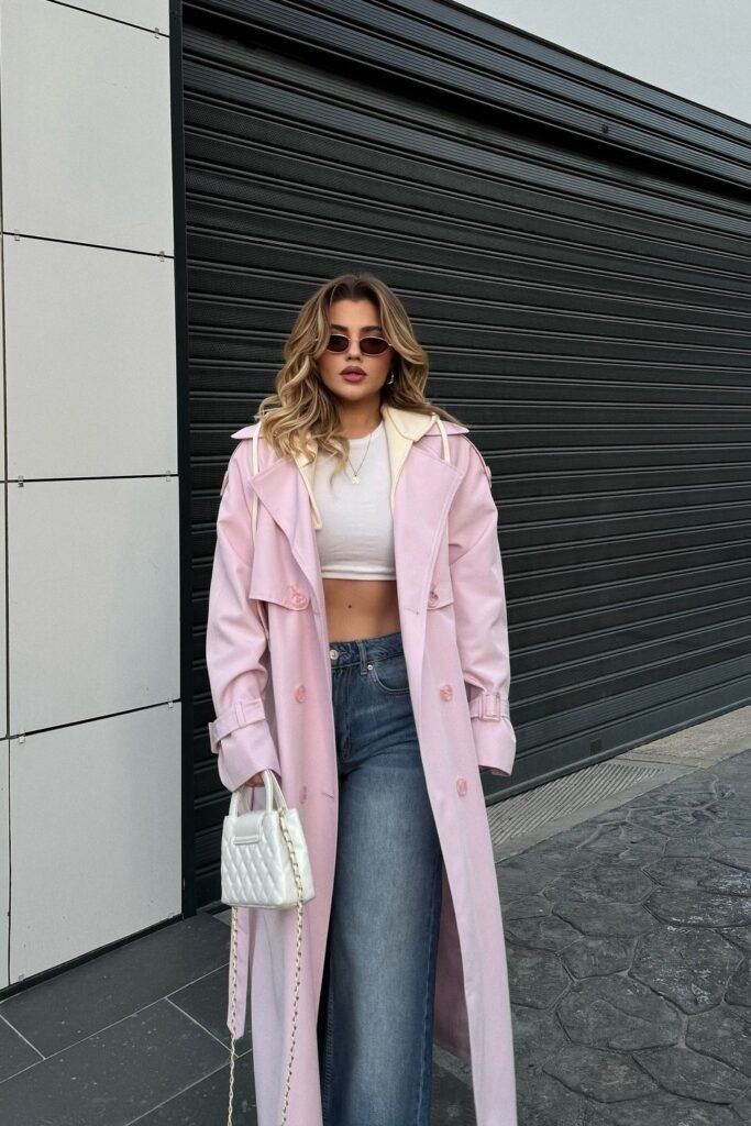 Light Pink Trench Coat + White Cropped Top + Blue Wide-Leg Jeans + White Quilted Handbag + Sunglasses