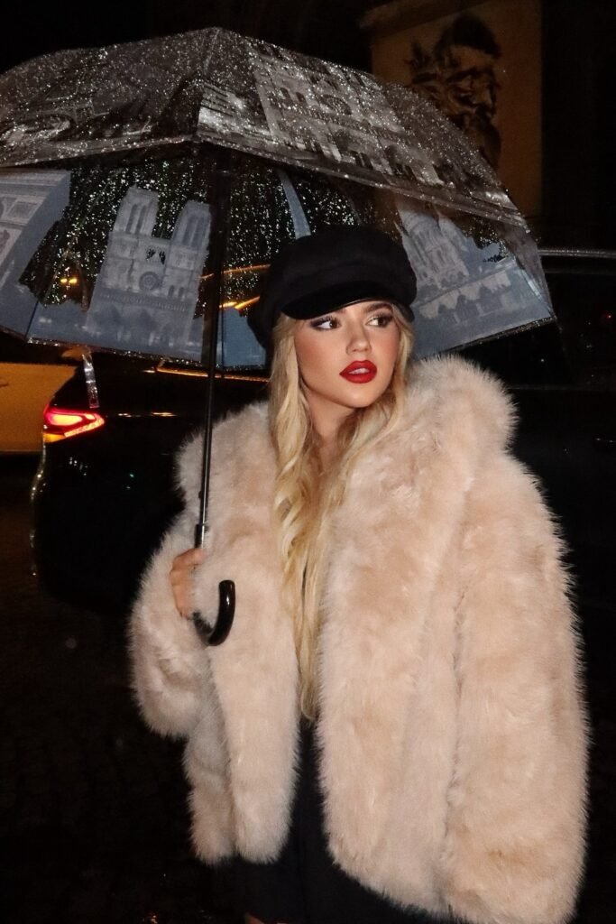 Light Pink/Beige Faux Fur Coat + Black Baker Boy Cap + Holding a Clear Paris-Themed Umbrella