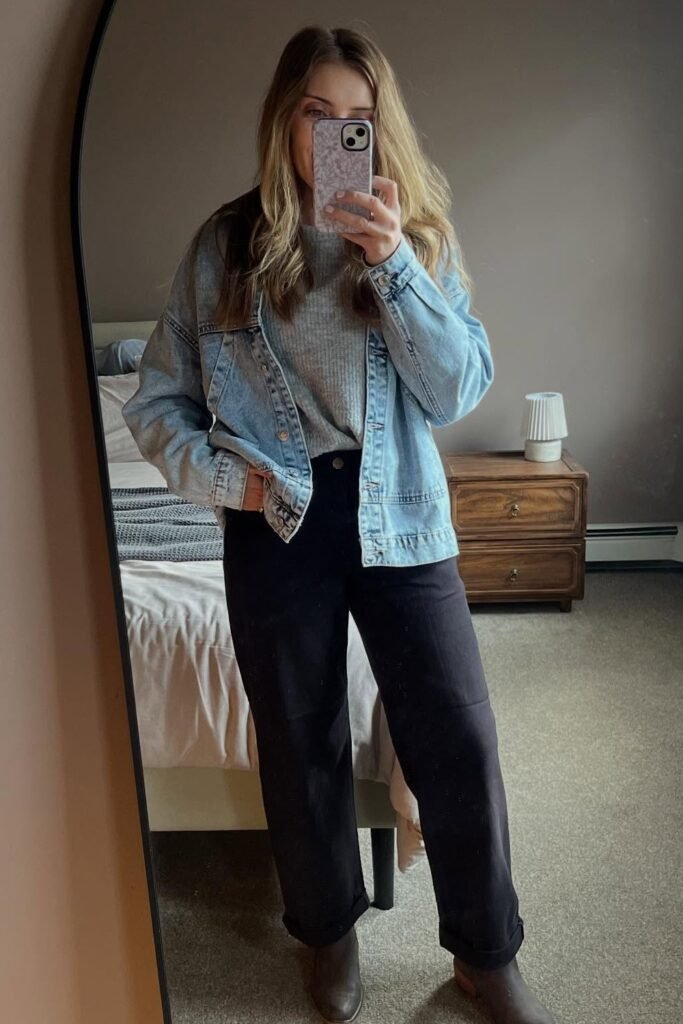 Light Wash Denim Jacket + Grey Ribbed Sweater + Dark Cuffed Wide-Leg Jeans + Brown Ankle Boots