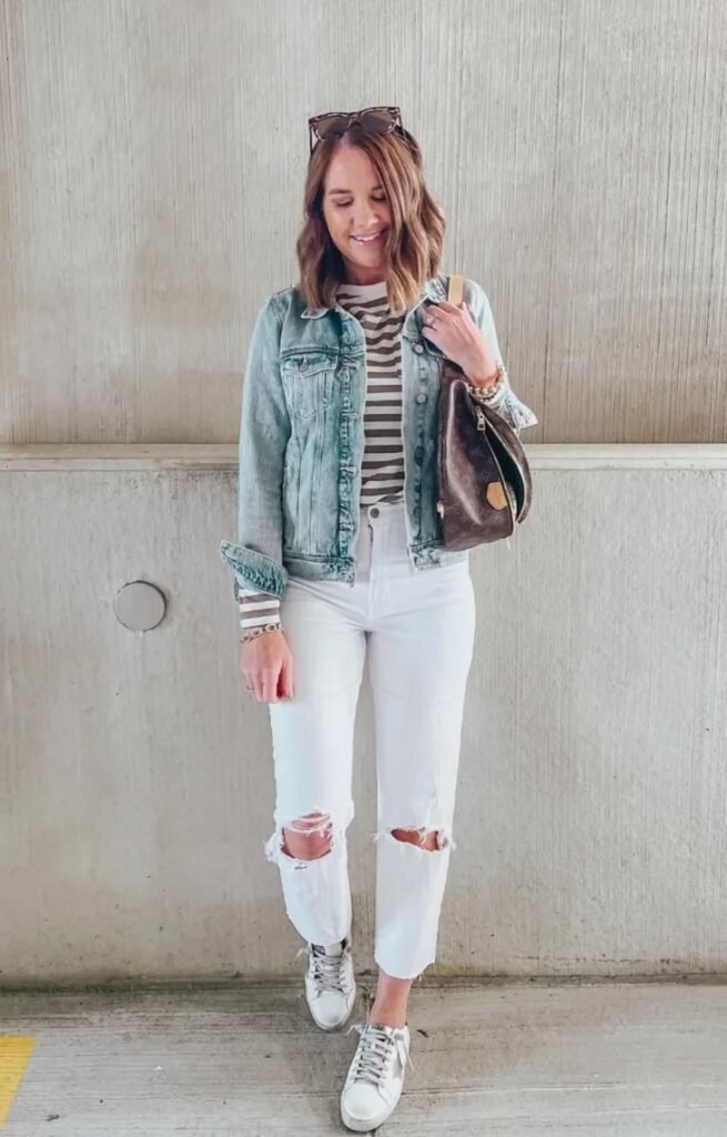 Oversized Denim Jacket + Grey Knit T-shirt + White Wide-Leg Jeans + Tan Two-Strap Sandals