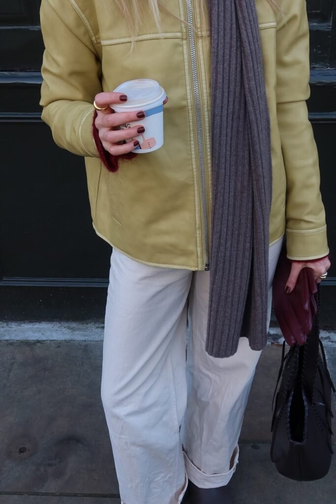 Light Yellow/Green Jacket + Brown Ribbed Scarf + Cream Trousers