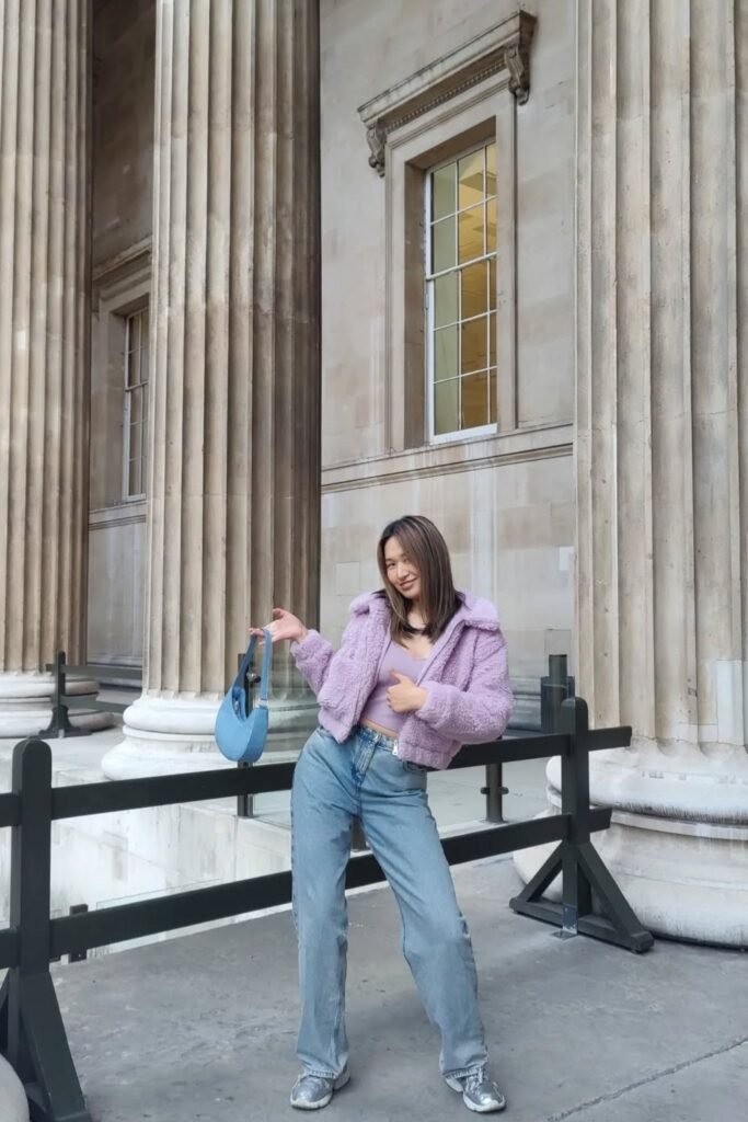 Lilac Cropped Teddy Jacket + Lilac Crop Top + Light Wash Wide-Leg Jeans + Silver Sneakers