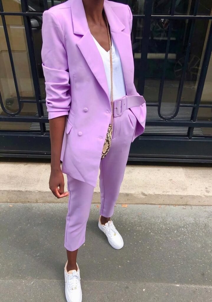 Lilac Double-Breasted Suit + White Tank Top + White Sneakers