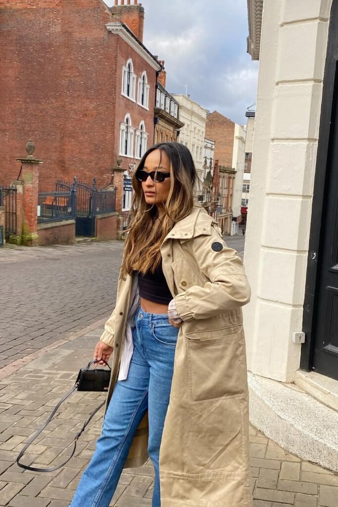 Long Beige Raincoat + Black Crop Top + Medium Wash Straight Leg Jeans