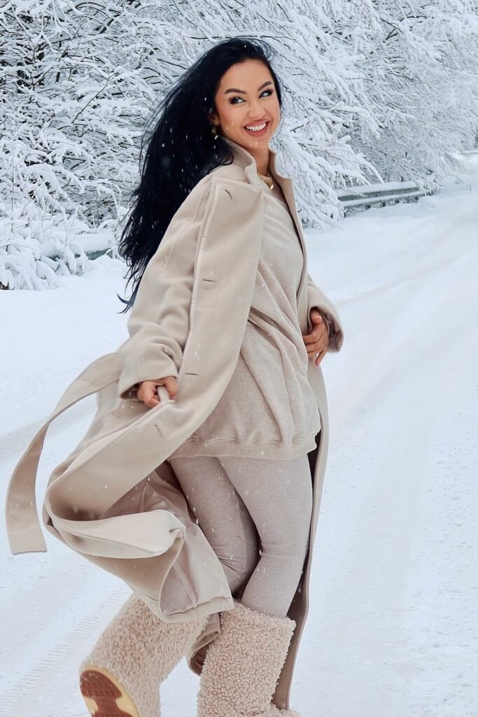 Long Beige Wrap Coat + Matching Tunic Top + Knit Leggings + Fuzzy Beige Winter Boots