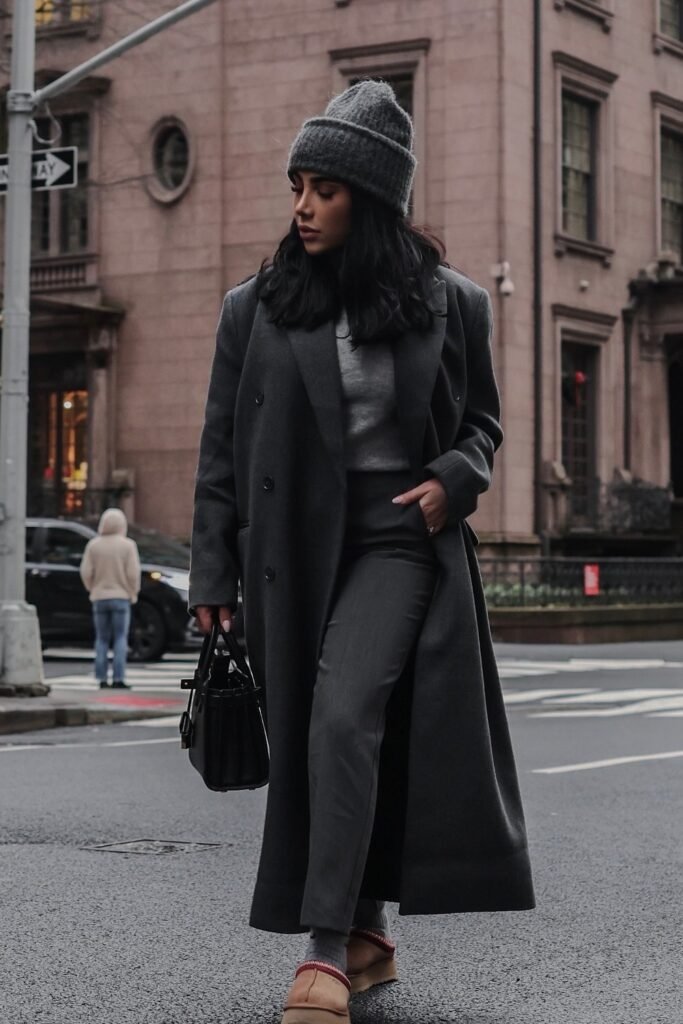 Long Charcoal Grey Coat + Matching Grey Sweater + Grey Trousers + Chunky Grey Beanie