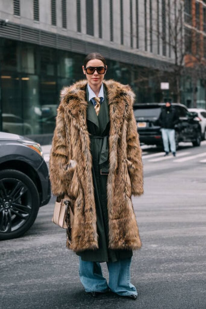 Long Fur Coat + Dark Green Trench Coat + Baggy Jeans