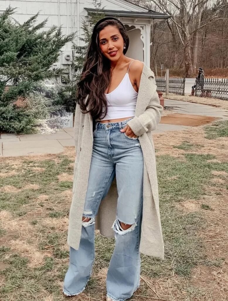 Long Grey Cardigan + White Crop Cami + Ripped Light Wash Wide-Leg Jeans