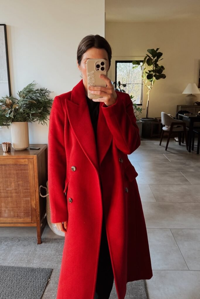 Long Red Wool Coat + Black Top and Pants + Black Boots