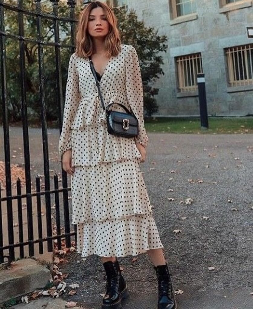 Long-Sleeve Polka Dot Tiered Midi Dress + Black Combat Boots + Black Crossbody Bag