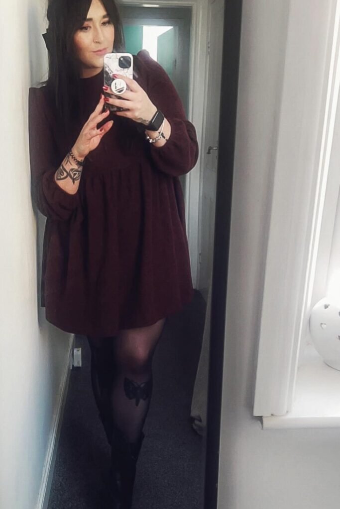 Maroon Babydoll Mini Dress + Black Butterfly-Patterned Tights + Black Boots
