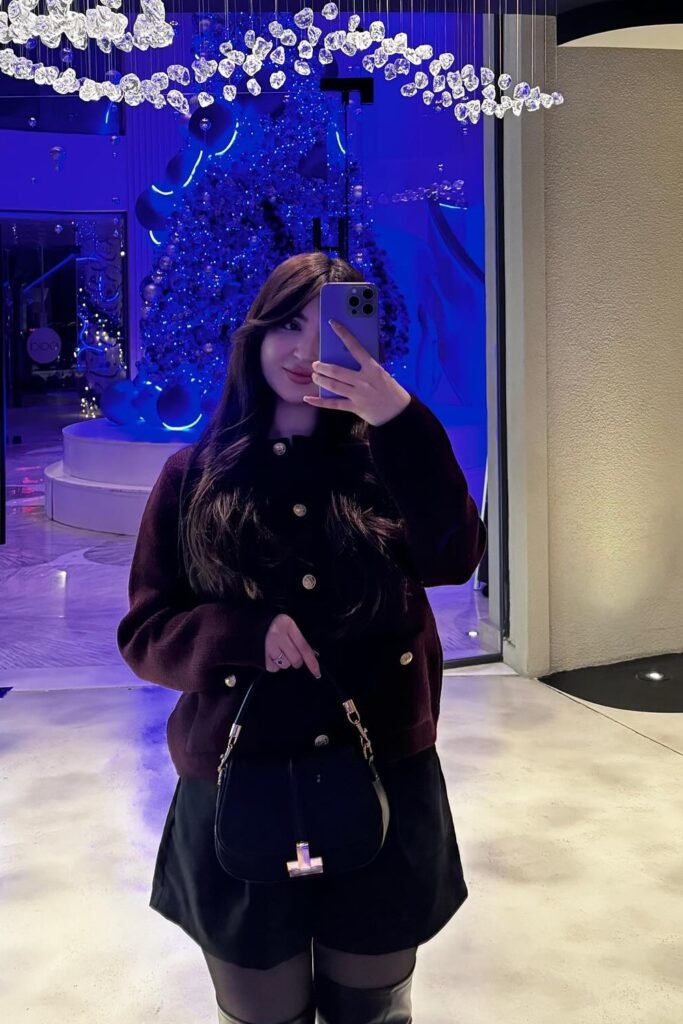 Maroon Cardigan with Gold Buttons + Black Shorts + Black Opaque Tights + Over-the-Knee Boots + Black Handbag