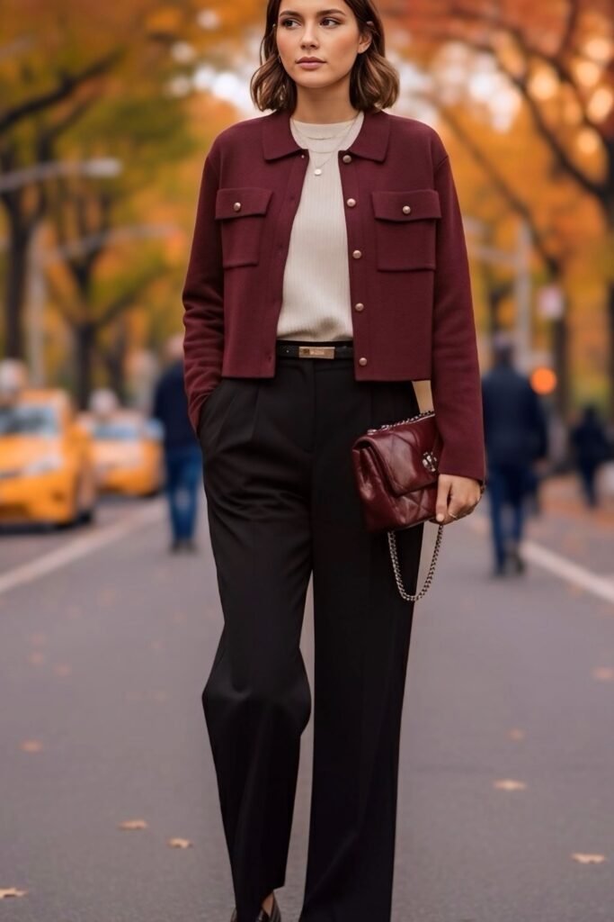 Maroon Cropped Jacket + Cream Sweater + Black Wide-Leg Trousers + Maroon Quilted Bag