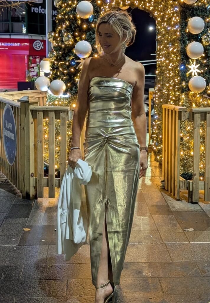 Metallic Gold Strapless Twisted Midi Dress + White Blazer + Gold Heels