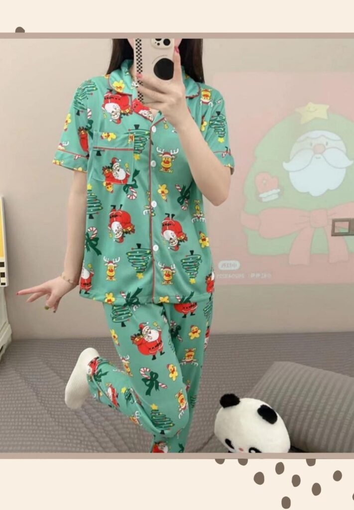 Mint Green Christmas Print Pajamas + Red Trim + White Socks
