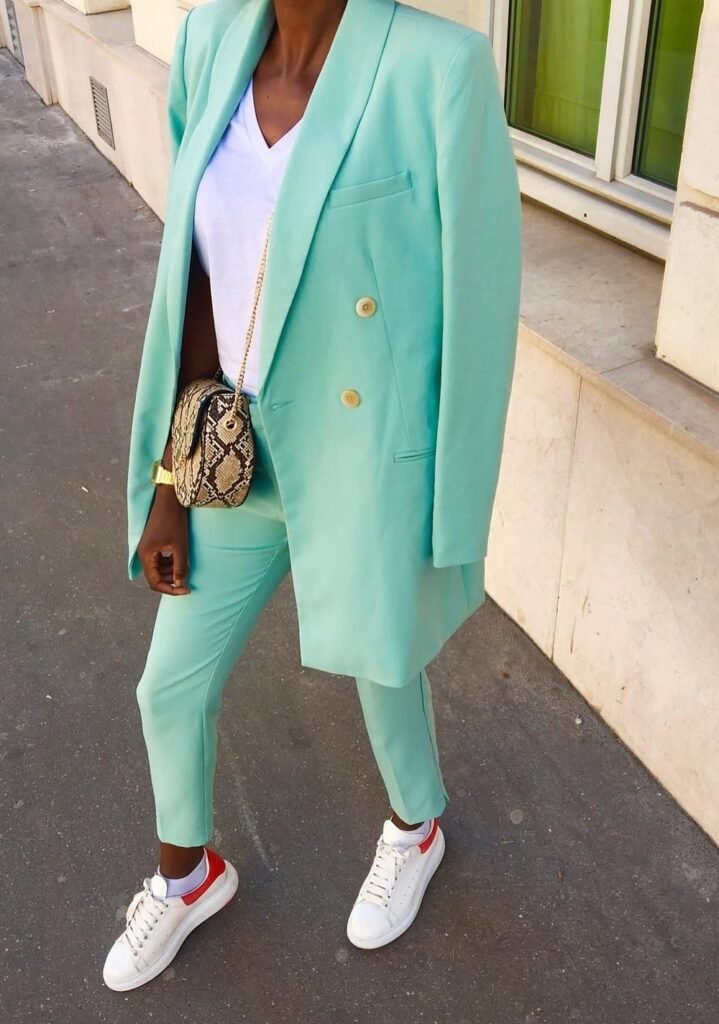 Mint Green Double-Breasted Suit + White V-Neck Top + White Sneakers