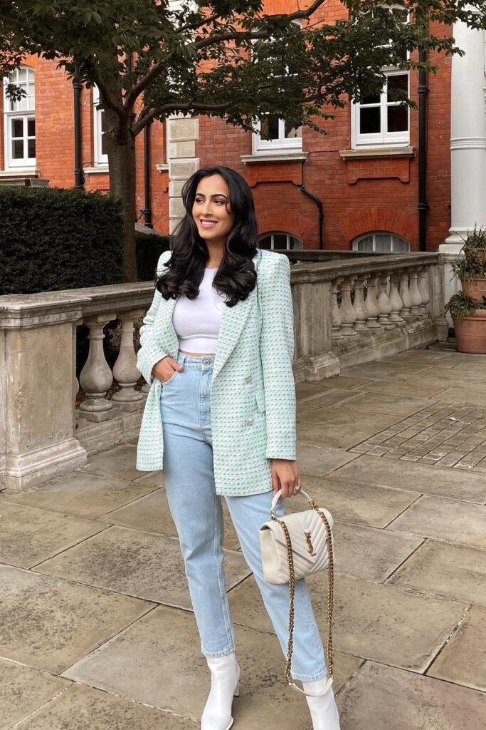 Mint Tweed Blazer + White Crop Top + Light Wash Straight Jeans + White Ankle Boots