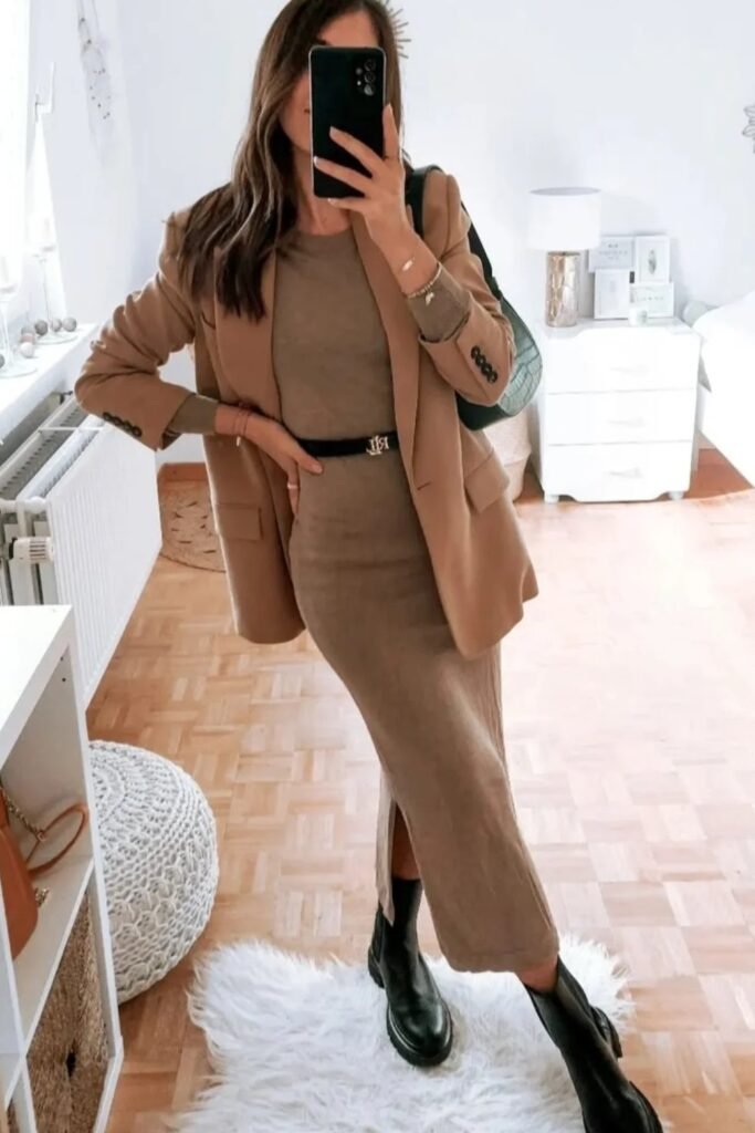 Monochromatic Brown Dress + Tan Blazer + Black Boots