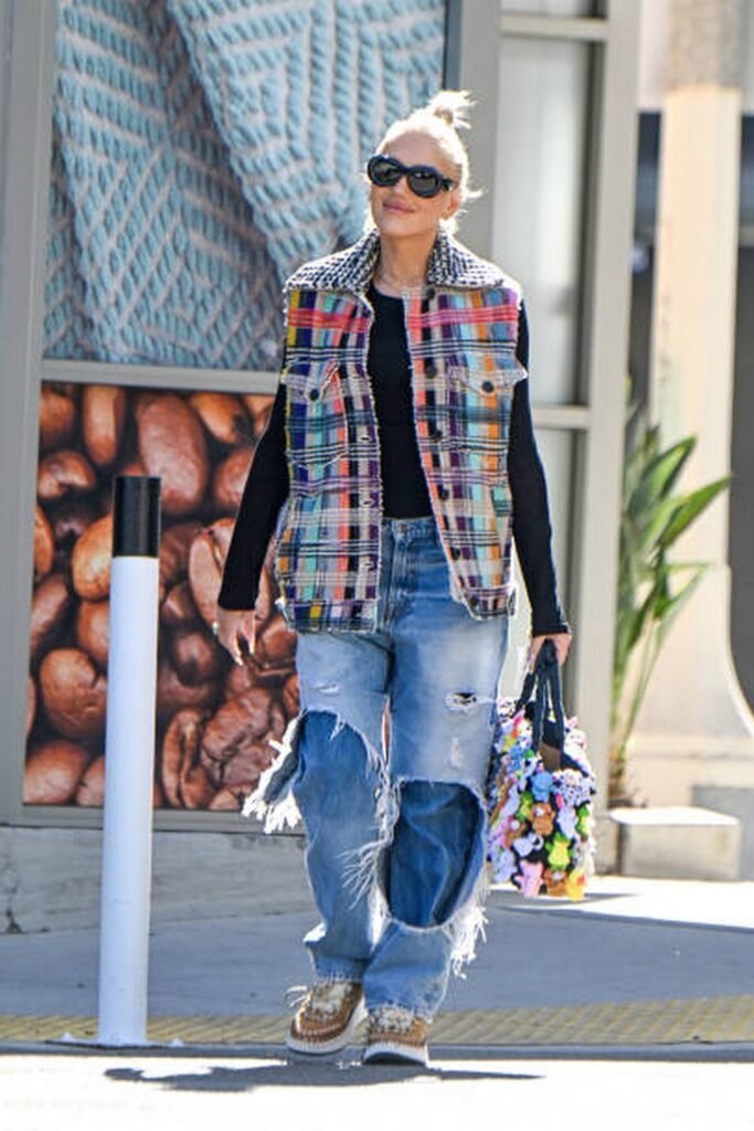 Multi-Color Plaid Vest + Distressed Baggy Jeans + Moccasin-Style Shoes
